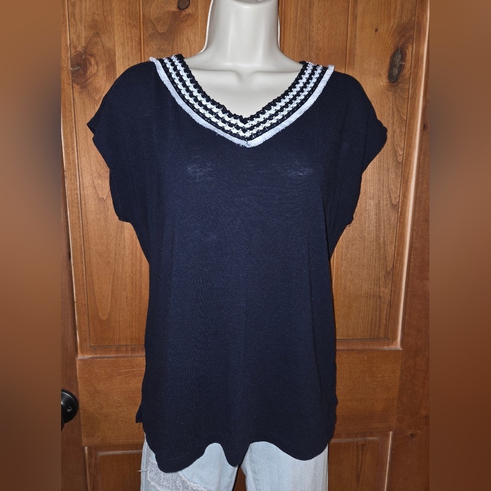 Talbots Navy and White V-Neck Short Sleeve Top